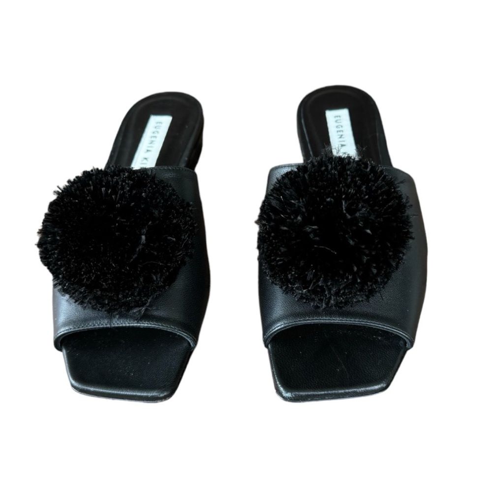 Eugenia Kim Black Leather Slides With Black Large Ostrich Feather Pom Pom EU 37
